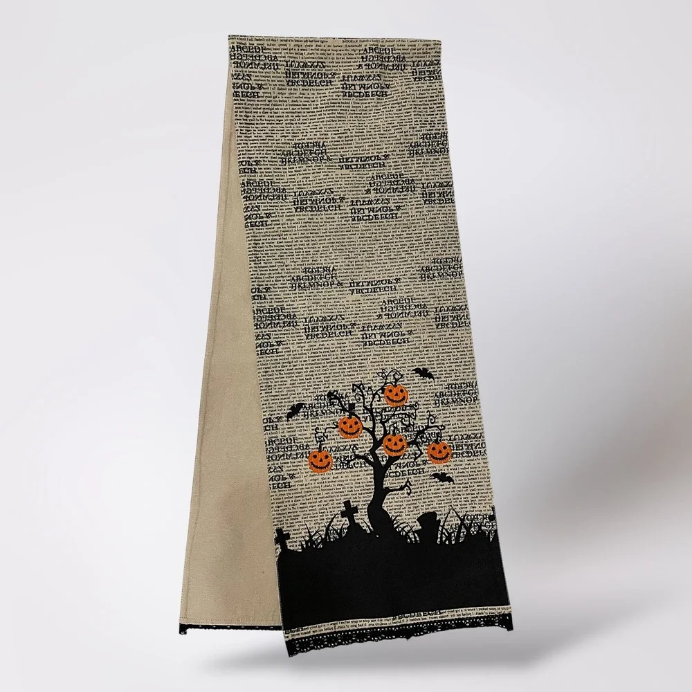 Halloween Table Runner Black Pumpkin Tree Newsprint‎ Lace Edge Decor Vintage